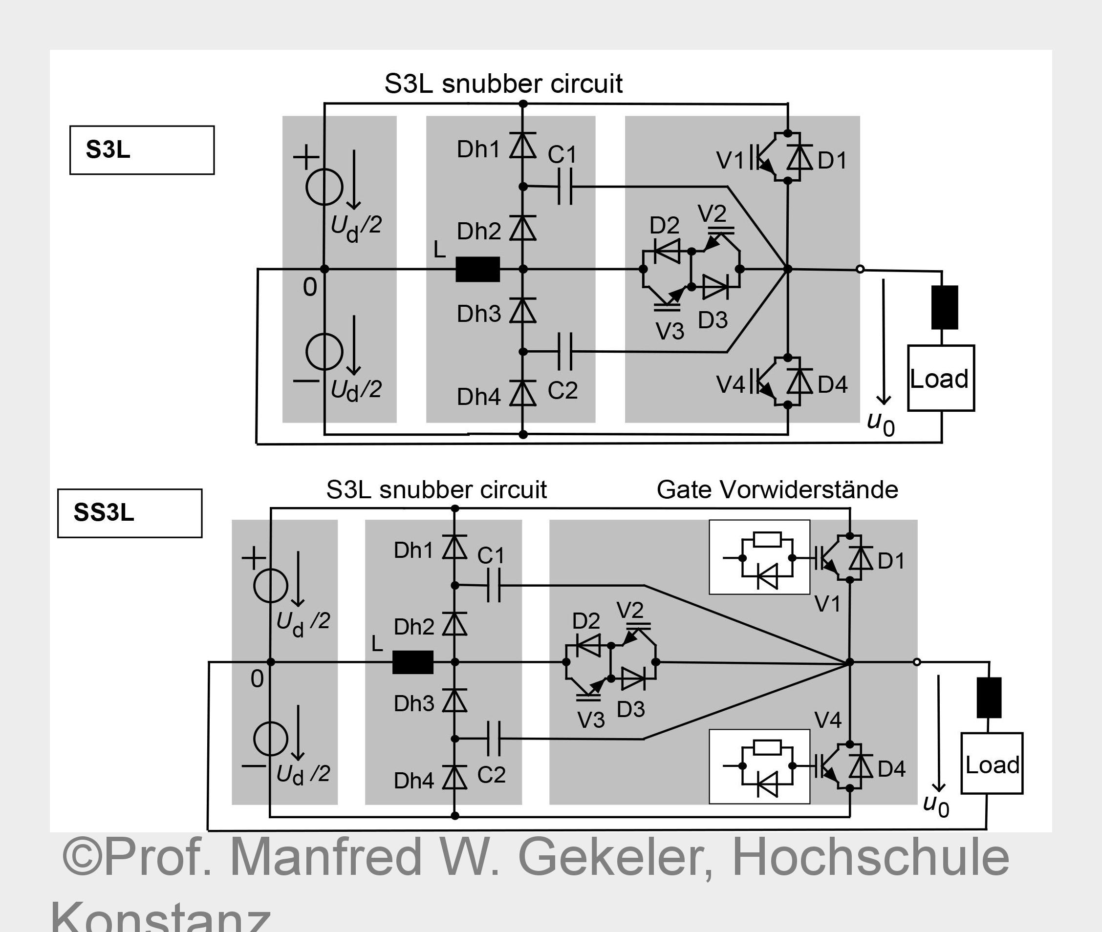 Prinzipschaltbild des Soft Switching Three Level Inverter (S3L und SS3L Inverter) (Bildquelle: Prof.