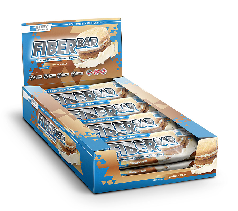 FIBER BAR gibt es in den Geschmacksrichtungen Cookie & Cream, Double Chocolate Brownie und Mixed Ber