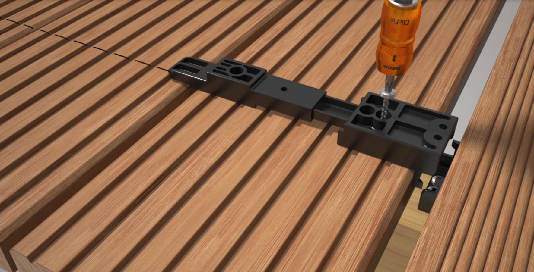 Verdeckte Montage ohne Nut: Der HECO®-Clipper wird an der Unterseite der Terrassendiele verschraubt.