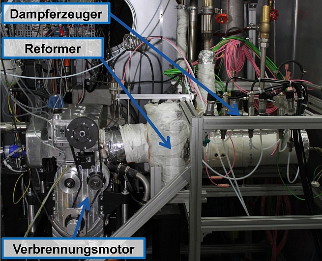 Der Reformgasmotor im Versuchsbetrieb auf dem Prüfstand der ECC Automotive GmbH. Foto: OWI Der Reformgasmotor im Versuchsbetrieb auf dem Prüfstand der ECC Automotive GmbH. Foto: OWI