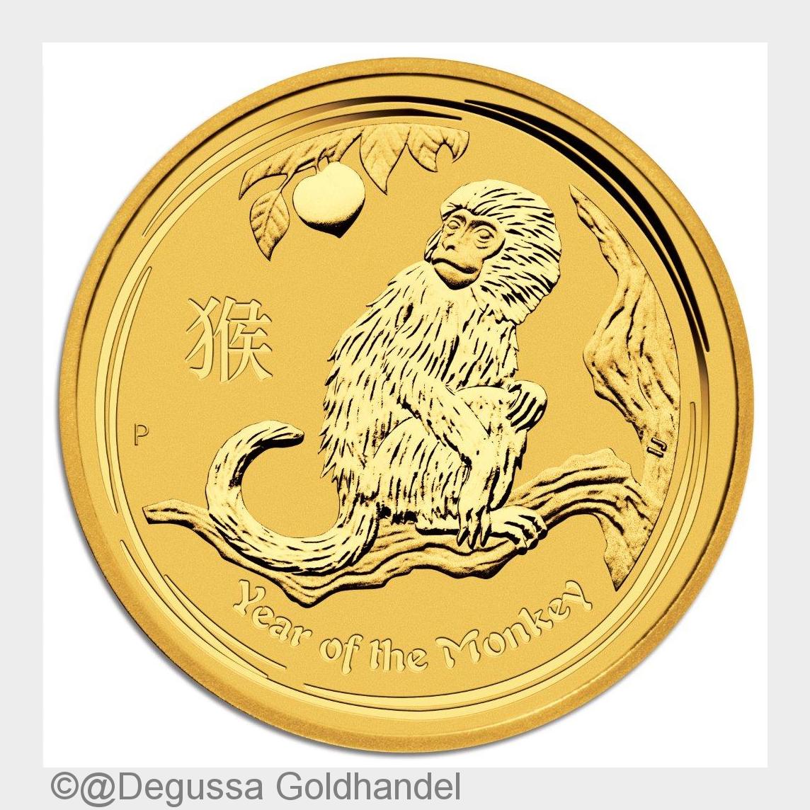 Degussa 1 oz Lunar II Goldmünze Affe 2016 Vorderseite (Bildquelle: @Degussa Goldhandel) Degussa 1 oz Lunar II Goldmünze Affe 2016 Vorderseite (Bildquelle: @Degussa Goldhandel)