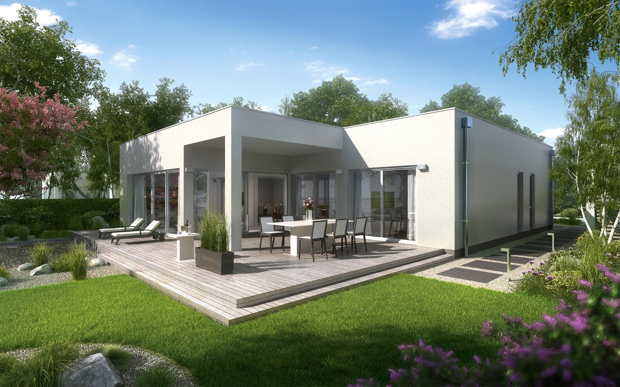 Der massiv gebaute Bungalow Select von Kern-Haus aus der Gartenansicht. Der massiv gebaute Bungalow Select von Kern-Haus aus der Gartenansicht.
