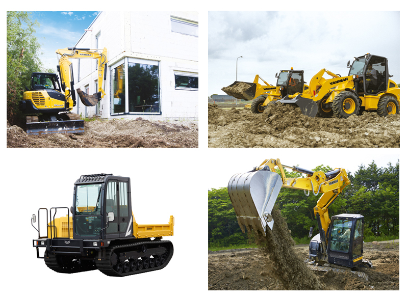 v.l.n.r.: SV100 2-Piece Boom, neue Radlader-Serie, C50R-5, B7-6 Sigma, v.l.n.r.: SV100 2-Piece Boom, neue Radlader-Serie, C50R-5, B7-6 Sigma,
