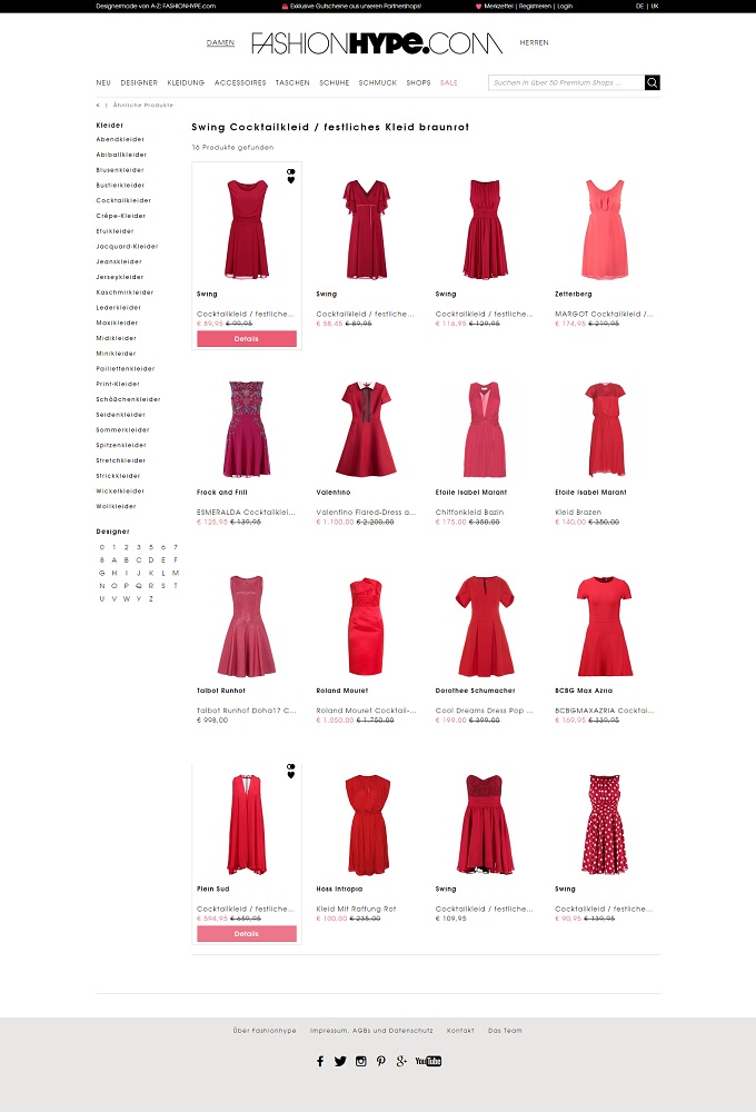 Screenshot Fashionhype: Kategorieübersichtseite sortiert nach Ähnlichkeit zum ausgesuchten Artikel