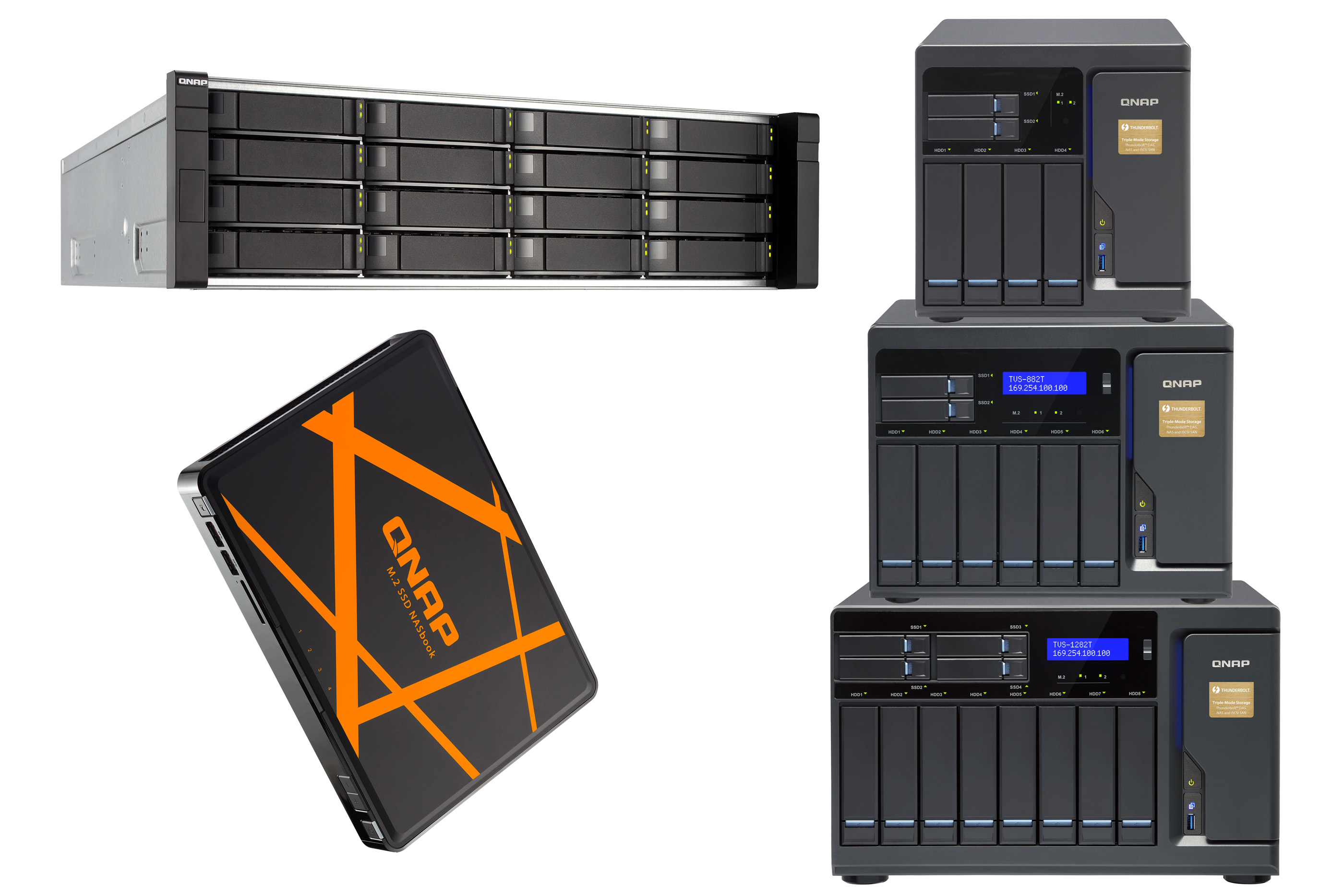 Die neuen QNAS NAS zur CeBIT: ES1640dc (l. oben), TBS-453A (l. unten)& die TVS x82T-Reihe (r.) (