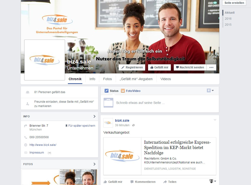 Screenshot Facebook-Seite von biz4.sale