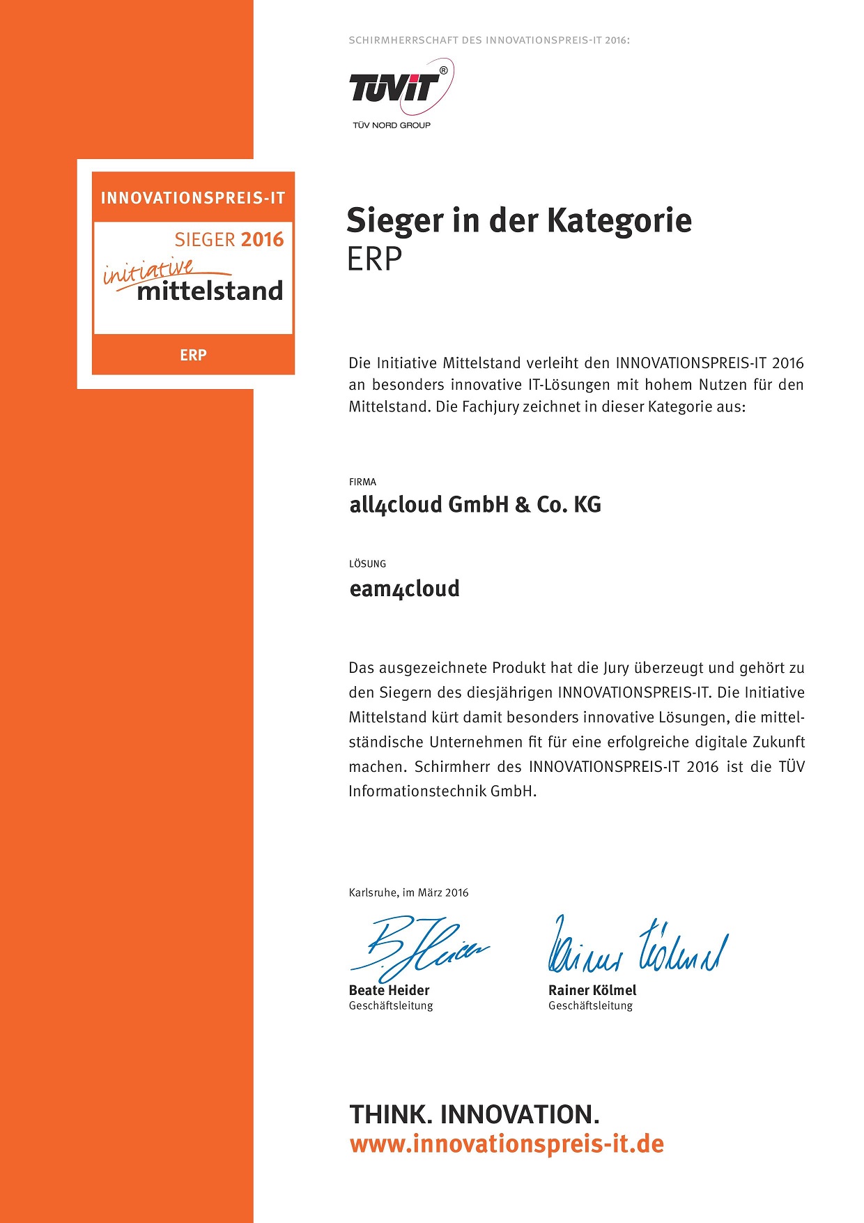 all4cloud gewann mit der Cloud-ERP Suite SAP Business ByDesign den Innovationspreis-IT 2016 (Bildque all4cloud gewann mit der Cloud-ERP Suite SAP Business ByDesign den Innovationspreis-IT 2016 (Bildque