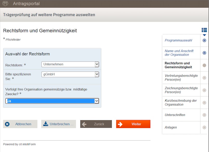 Formularassistent führt strukturiert durch den Antragsprozess.