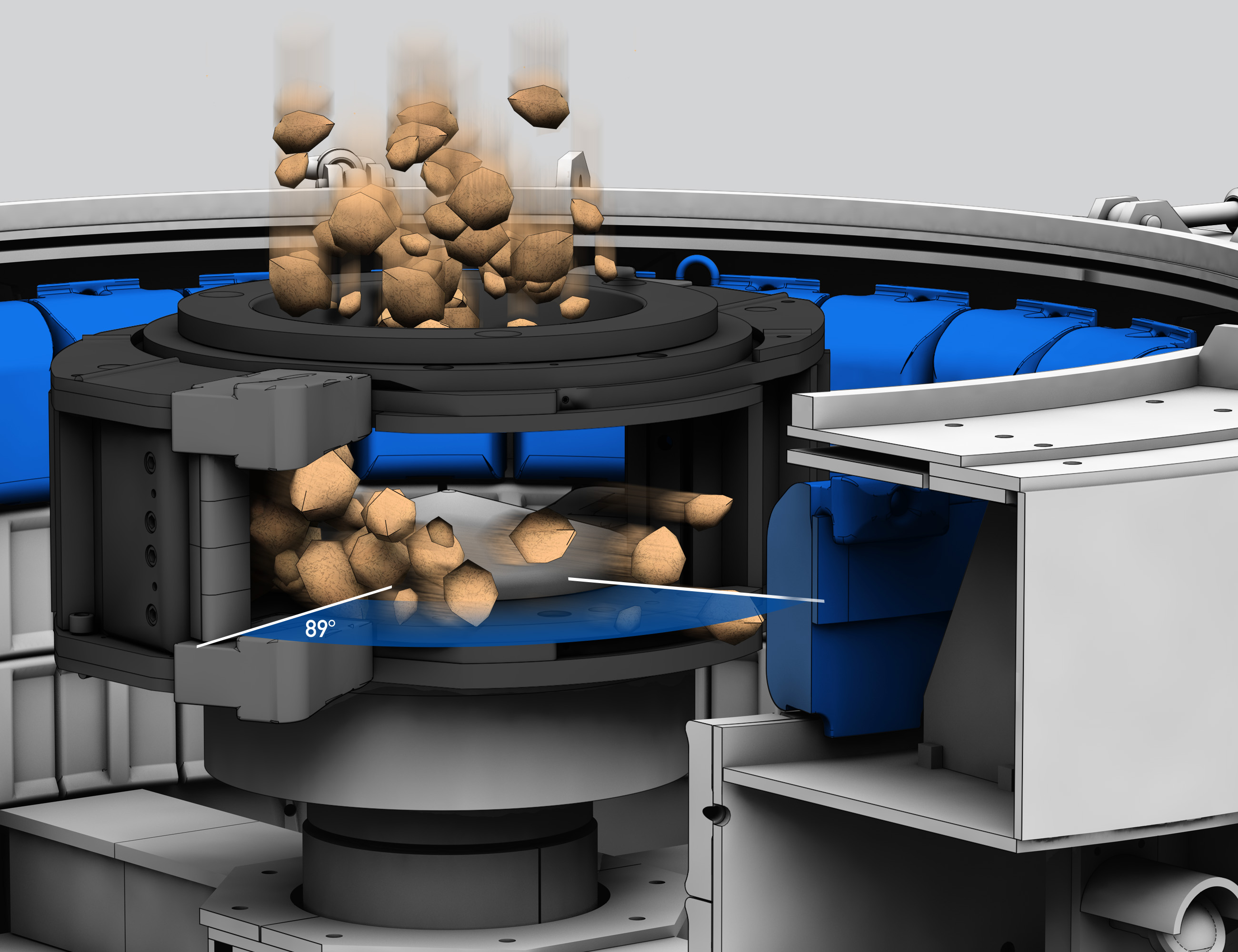 Rotorschleuderbrecher (RSMX): Das Aufgabematerial wird vom Rotor gegen die Prallplatten geschleudert Rotorschleuderbrecher (RSMX): Das Aufgabematerial wird vom Rotor gegen die Prallplatten geschleudert