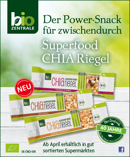 Chia Riegel von der biozentrale in drei Geschmacksvarianten. Ab April im Handel Chia Riegel von der biozentrale in drei Geschmacksvarianten. Ab April im Handel