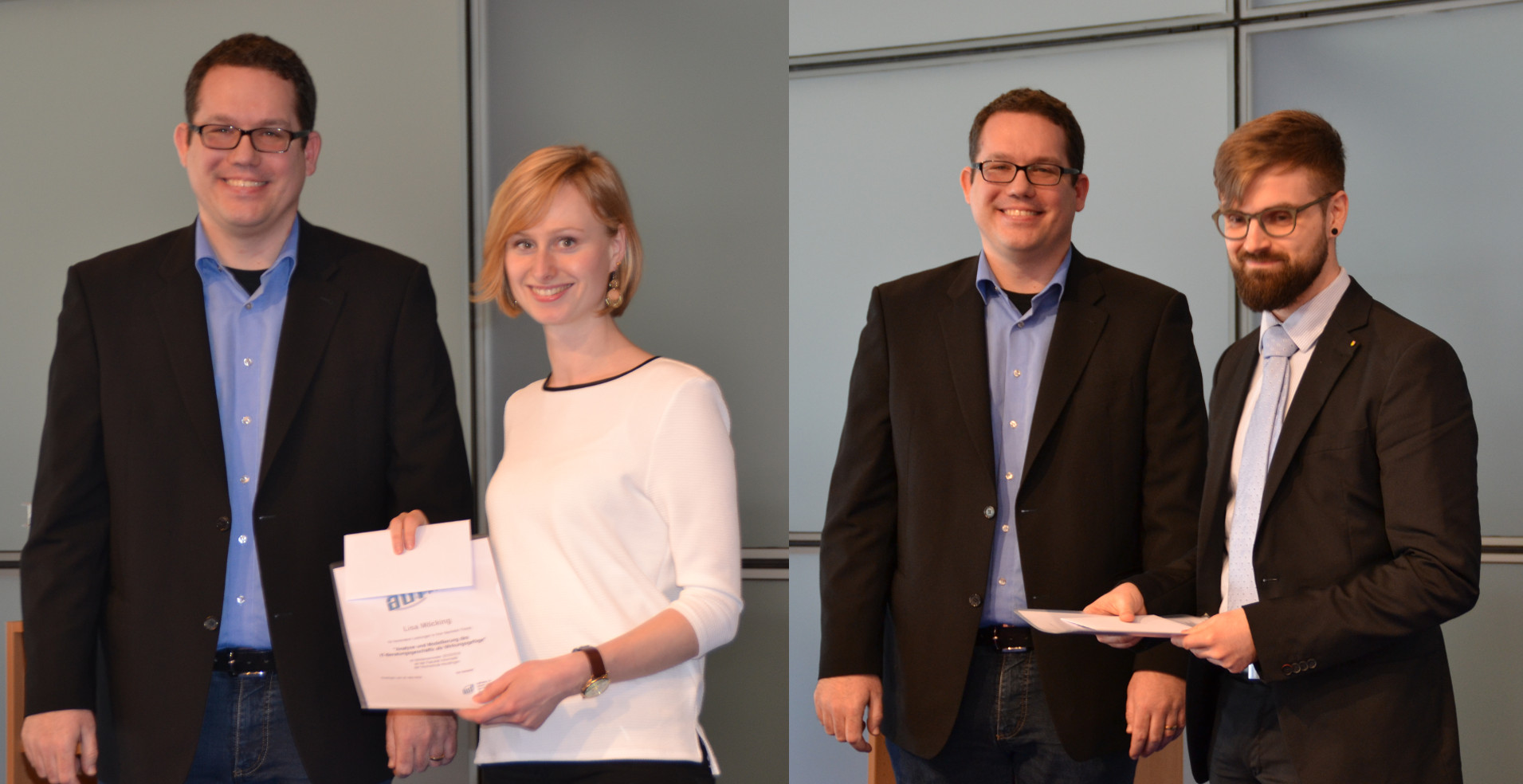 Die Preisträger Lisa Möcking und Alexander Zimmermann bei der Preisverleihung mit Björn Stütz vom au Die Preisträger Lisa Möcking und Alexander Zimmermann bei der Preisverleihung mit Björn Stütz vom au