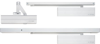 l. o. Gestängetürschließer DC300, r. o. Gleitschienentürschließer DC500, u. DC700GS-S mit Rauchschal