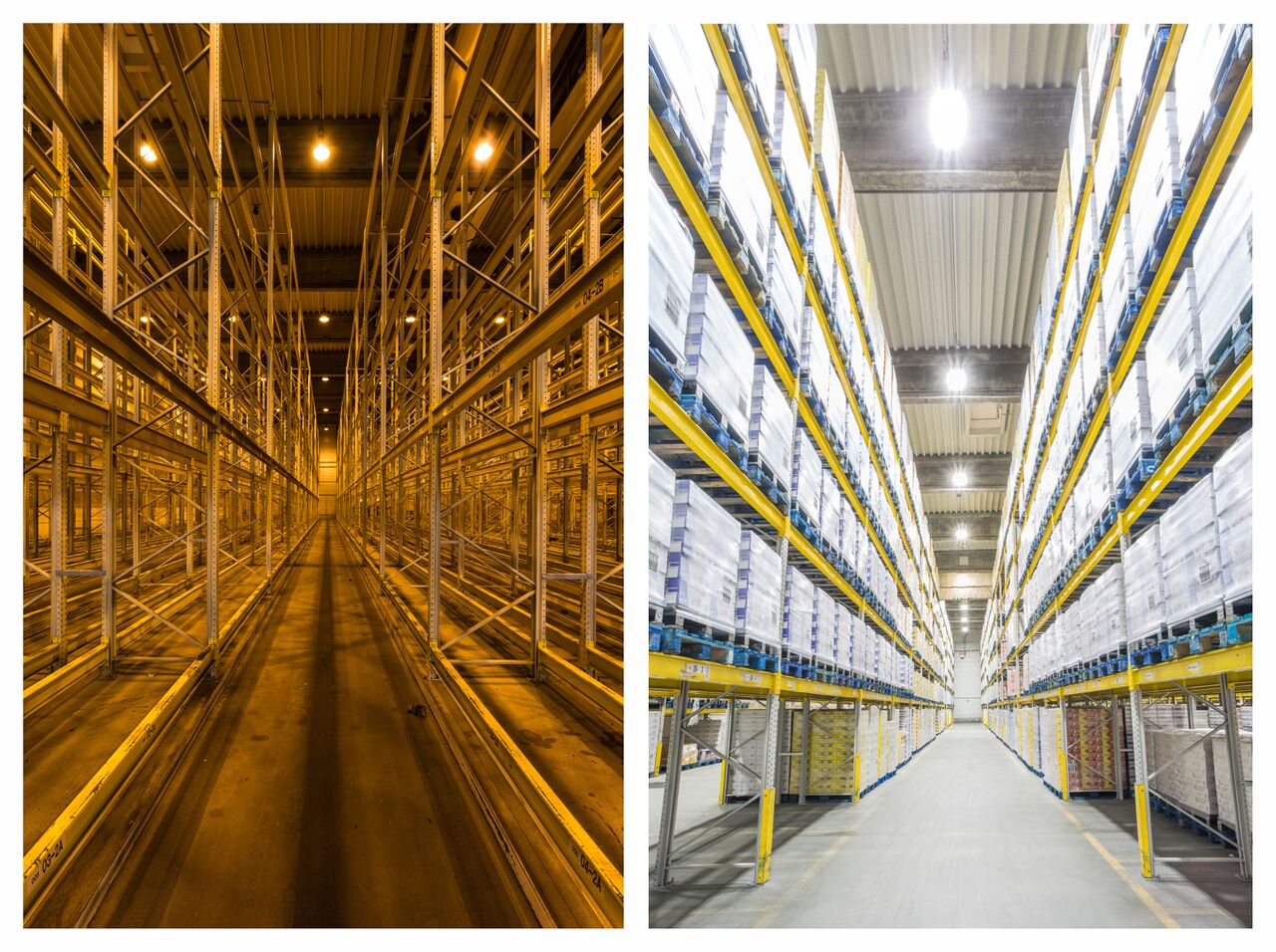 Lager eines Lebensmittelkonzerns vor und nach der LED-Umrüstung/©Deutsche Lichtmiete/ Mario Dirks