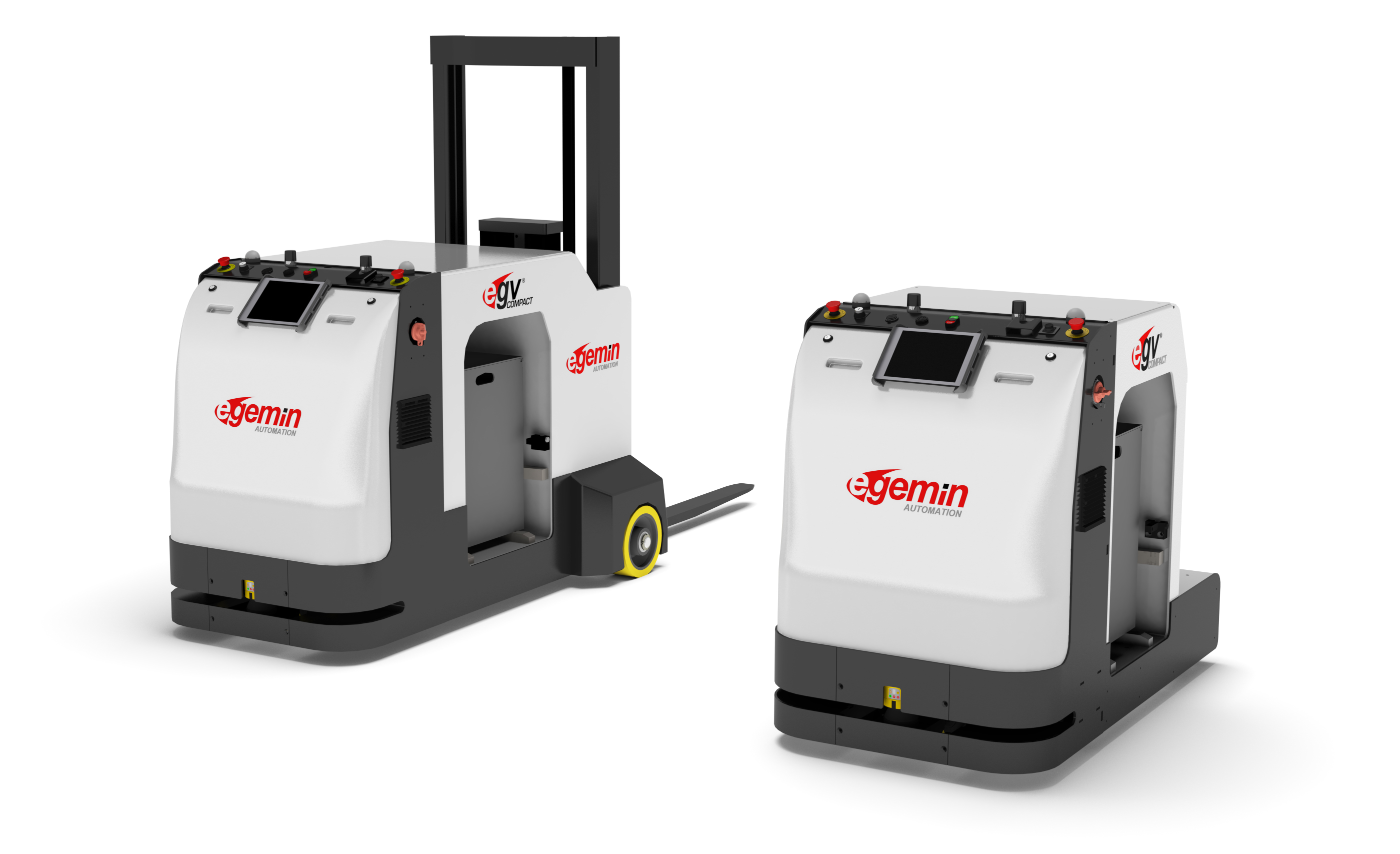 Counterbalance Fork (links) und Tugger (rechts) (Bildquelle: @Egemin Automation)