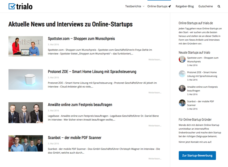 Der neue Online-Startup Bereich auf trialo.de