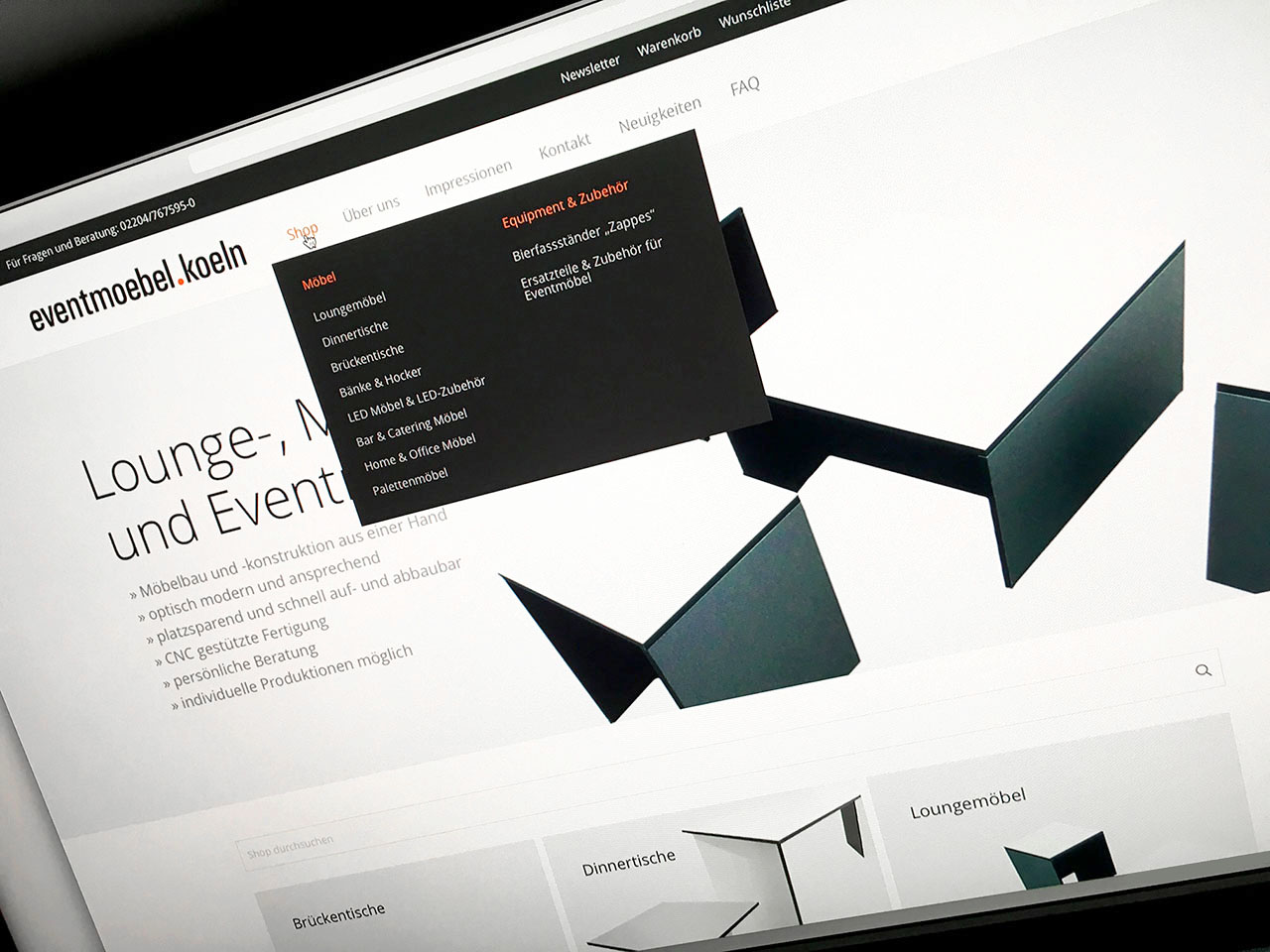 Screenshot der neuen Internetseite www.eventmoebel.koeln für Loungemöbel, Eventmöbel und hochwertige