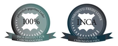 Die Gütesiegel?100 % pflanzlich gegerbtes Leder?und?Chrom(VI)-freies Leder?