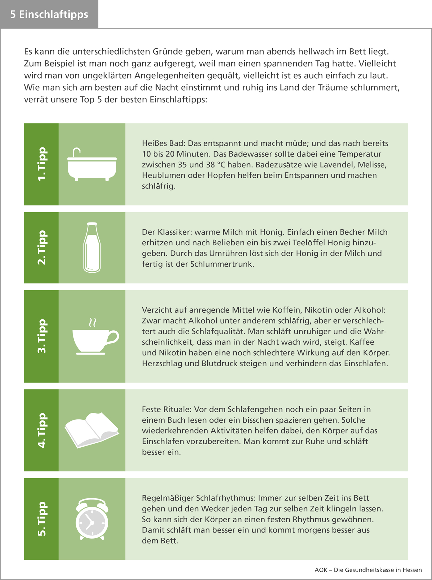 DieÜbersicht zeigt 5 Tipps, die beim Einschlafen helfen.