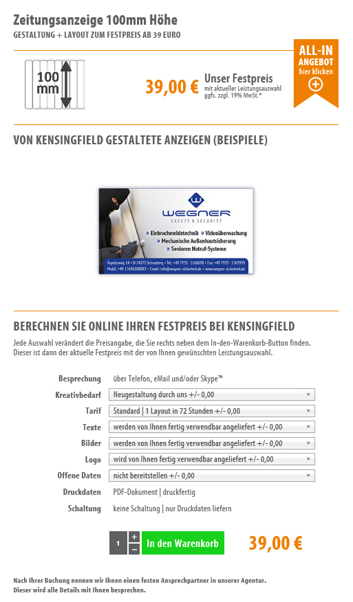 Zeitungsanzeige 100 mm Höhe