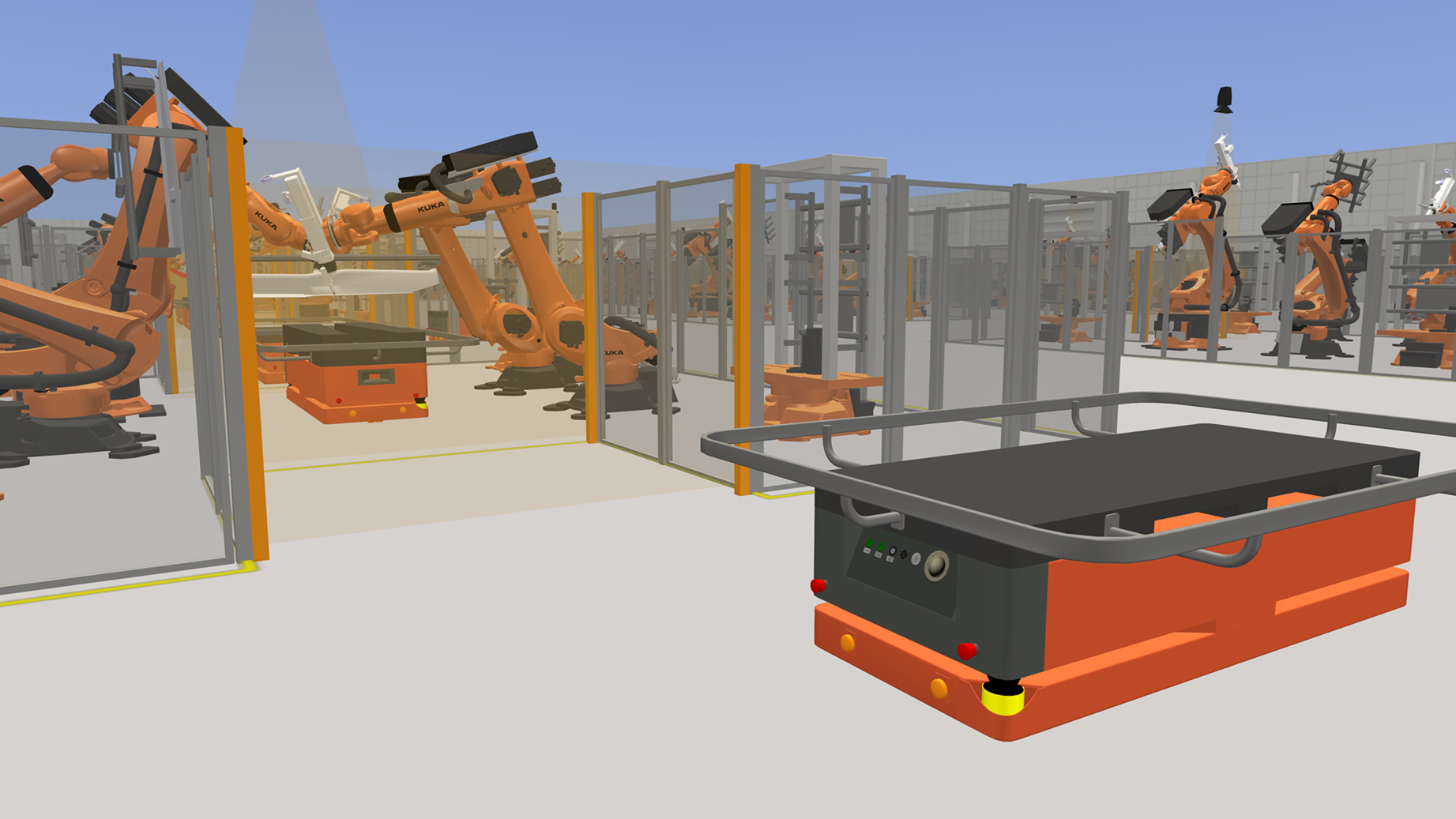 Das Bild zeigt die Simulation von Roboterzellen mit dem taraVRbuilder 2016