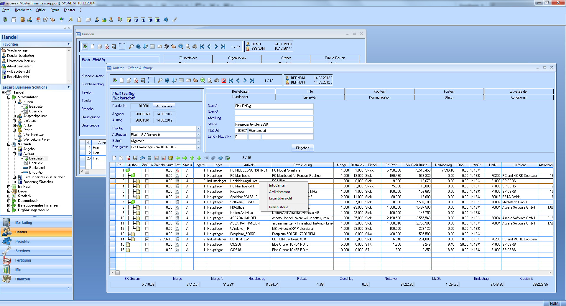 Kunden- und Auftragsmaske im ascara ERP-System. Kunden- und Auftragsmaske im ascara ERP-System.