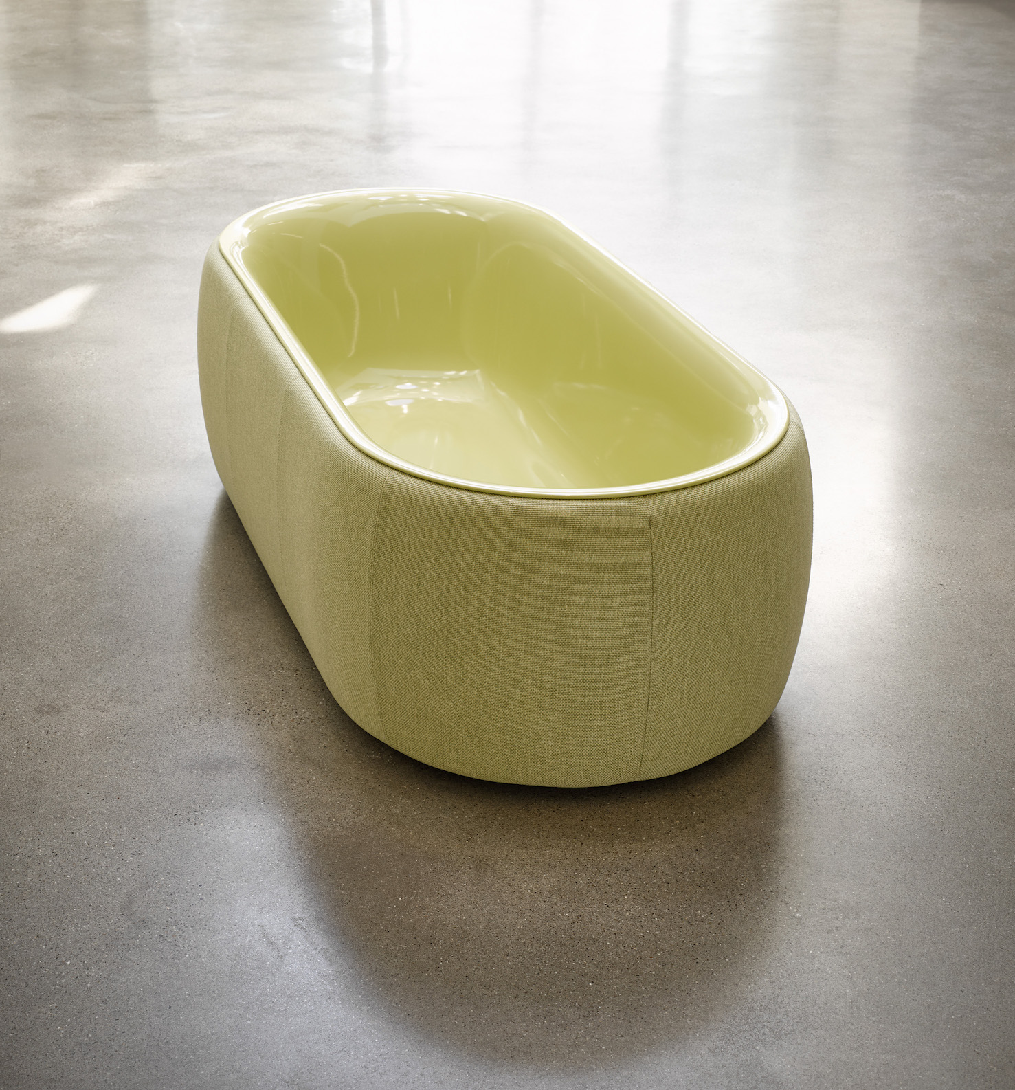 Designkonzept: Die Badewanne aus edlem Stahl/Email wurde mit gepolstertem Stoff kombiniert. Designkonzept: Die Badewanne aus edlem Stahl/Email wurde mit gepolstertem Stoff kombiniert.