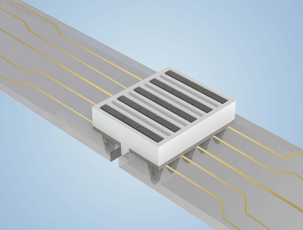 Der flexilink jumper verbindet zwei Leiterplatten horizontal durch Einpresstechnik miteinander.