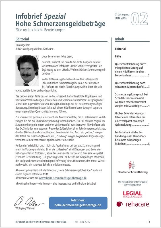 Infobrief Hohe Schmerzensgeldbeträge Ausgabe 2/2016 Infobrief Hohe Schmerzensgeldbeträge Ausgabe 2/2016
