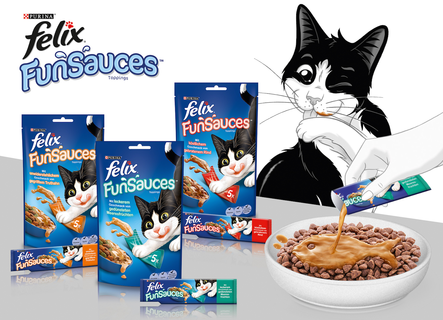 Die FELIX FUNSAUCES eignen sich als leckeres Topping auf dem Futter sowie als Snack zum Schlecken (B Die FELIX FUNSAUCES eignen sich als leckeres Topping auf dem Futter sowie als Snack zum Schlecken (B