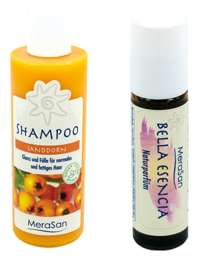 MeraSan Haarshampoo mit Sanddorn und Rügener Kreide und das MeraSan Naturparfüm Bella Esencia MeraSan Haarshampoo mit Sanddorn und Rügener Kreide und das MeraSan Naturparfüm Bella Esencia