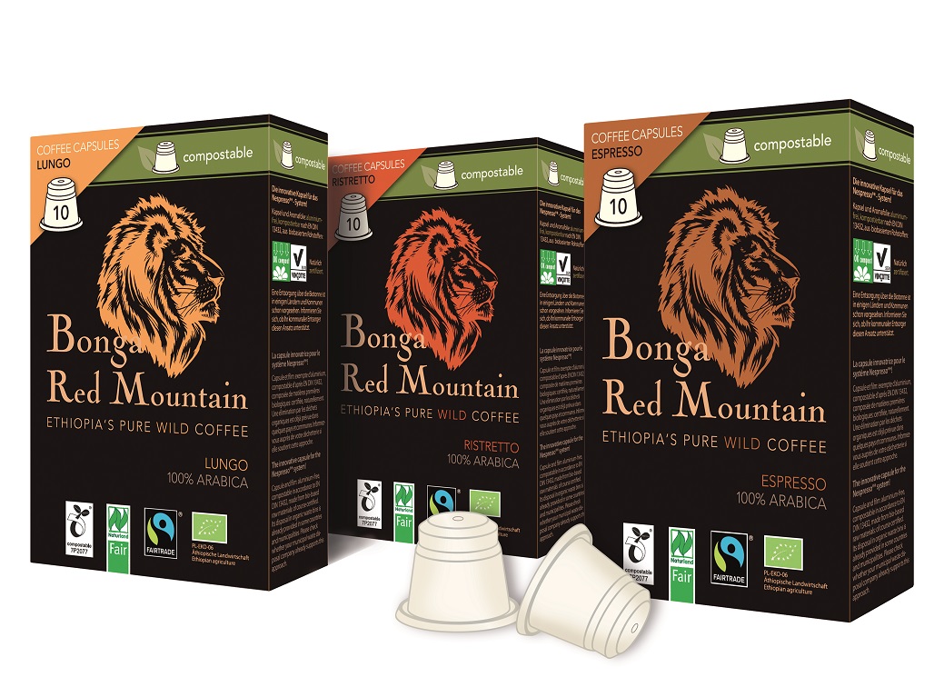 Bonga Red Mountain: Premium-Wildkaffee verpackt in der ersten zertifizierten kompostierbaren Kapsel. Bonga Red Mountain: Premium-Wildkaffee verpackt in der ersten zertifizierten kompostierbaren Kapsel.