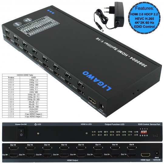Ligawo ® 3080004 HDMI Splitter 1x16 - 4K/60Hz HDMI 2.0 HDCP 2.2 + EDID Ligawo ® 3080004 HDMI Splitter 1x16 - 4K/60Hz HDMI 2.0 HDCP 2.2 + EDID