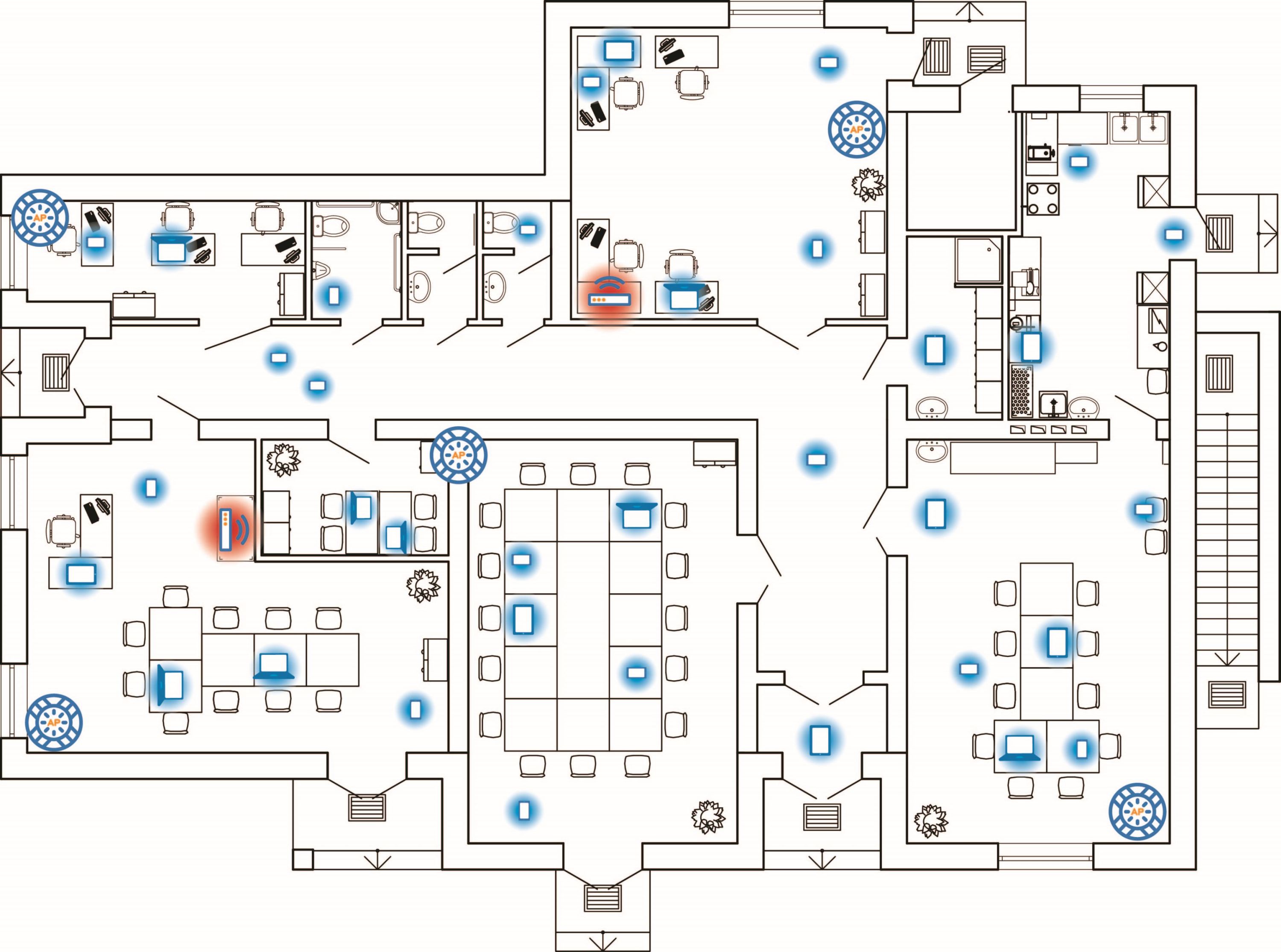 XPS bestimmt die Standorte von WLAN-Clients (Blau) und Rogue Access Points (Rot) gleich auf dem Flur XPS bestimmt die Standorte von WLAN-Clients (Blau) und Rogue Access Points (Rot) gleich auf dem Flur