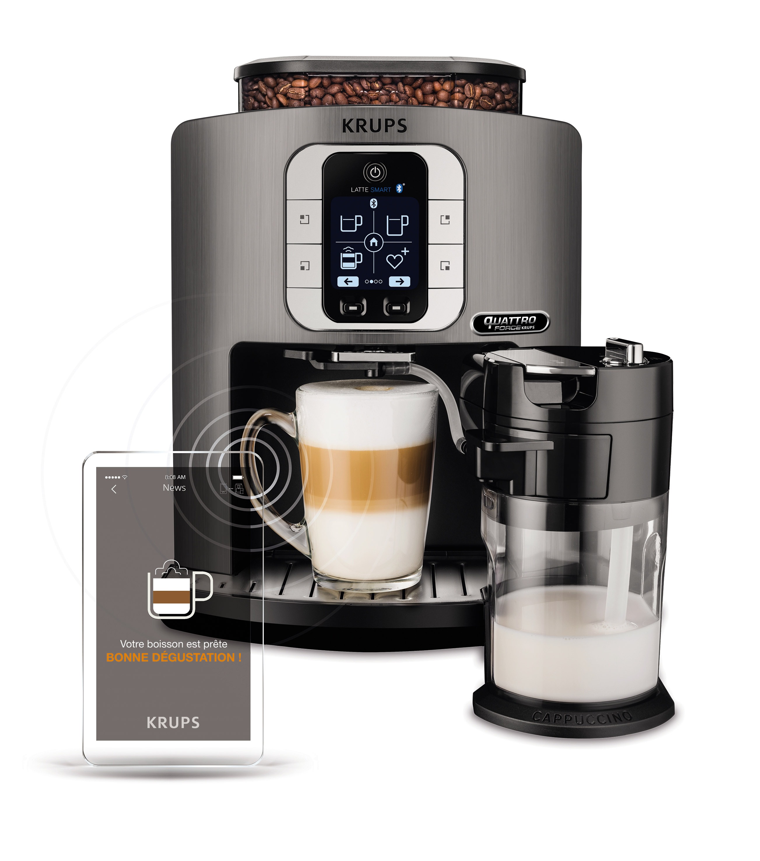 Der One-Touch-Cappuccino-Kaffeevollautomat Latte Smart ist mittels Bluetoothüber eine App steuerbar Der One-Touch-Cappuccino-Kaffeevollautomat Latte Smart ist mittels Bluetoothüber eine App steuerbar