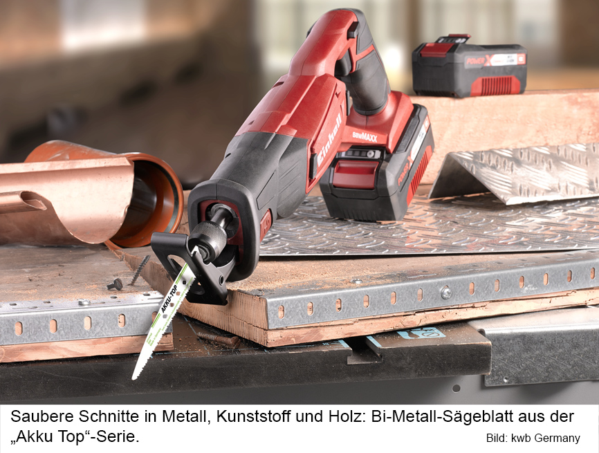 Saubere Schnitte in Metall, Kunststoff und Holz: Bi-Metall-Sägeblatt aus der?Akku Top?-Serie. (Bildq