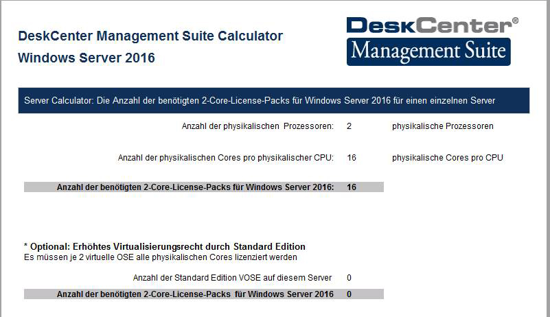 Lizenzkalkulator ermöglicht Berechnung des Lizenzbedarfs unter Microsoft Windows Server 2016 (Bildqu Lizenzkalkulator ermöglicht Berechnung des Lizenzbedarfs unter Microsoft Windows Server 2016 (Bildqu