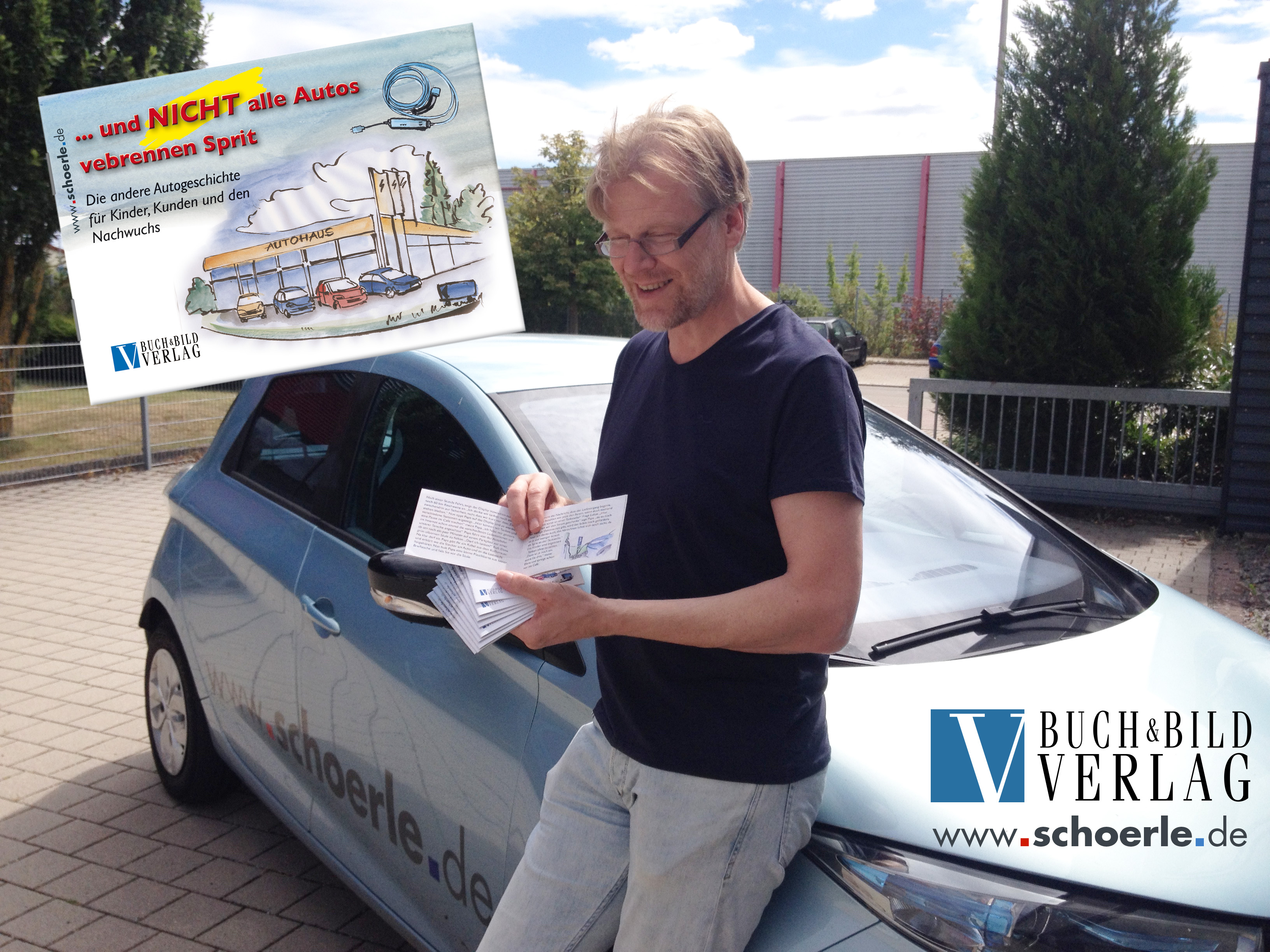 Hajo Schörle stellt neues Mini-Lese-Buch zum Thema Elektro-Auto vor. Vor dem Elektro-Firmenwagen Hajo Schörle stellt neues Mini-Lese-Buch zum Thema Elektro-Auto vor. Vor dem Elektro-Firmenwagen