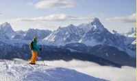 Skifahrer vor Bergpanorma Skifahrer vor Bergpanorma