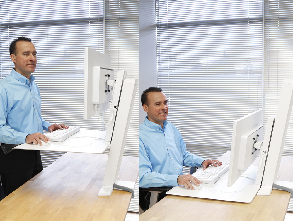 Bildunterschrift: Ergotrons WorkFit-SR ist die neue Steh-Sitz-Tischhalterung ohne Einschränkung der Bildunterschrift: Ergotrons WorkFit-SR ist die neue Steh-Sitz-Tischhalterung ohne Einschränkung der