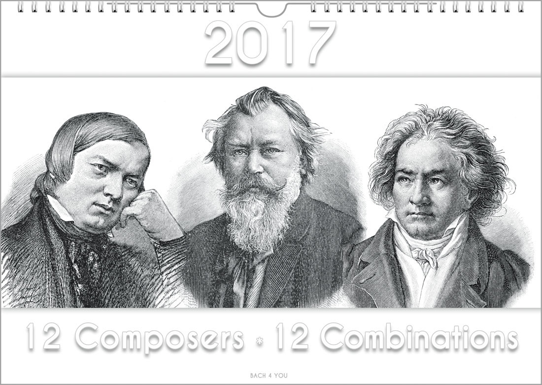 33 Bach-Kalender, 33 Musik-Kalender und 33 Komponisten-Kalender. Peter Bach hat sie gestaltet: von c