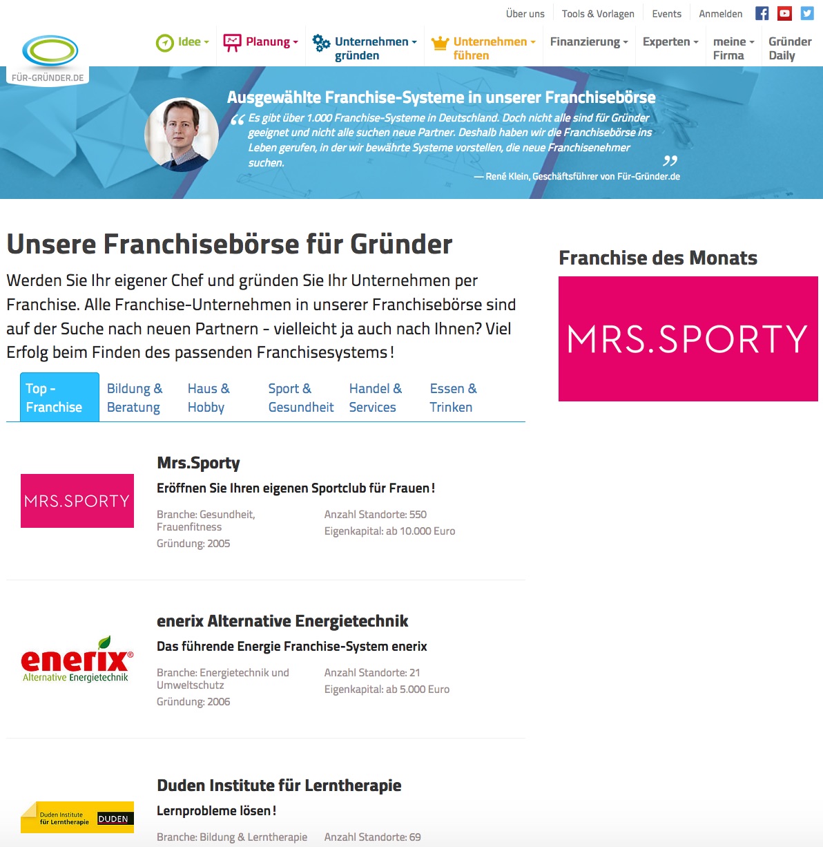 Screenshot: So sieht die neue Franchisebörse von Für-Gründer.de aus Screenshot: So sieht die neue Franchisebörse von Für-Gründer.de aus