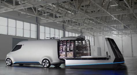 Der Vision Van verfügt über einen vollautomatisierten Laderaum, integrierte Drohnen zur autonomen Lu