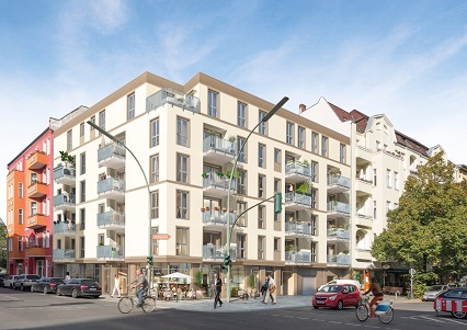 Der Neubau entsteht als Eckhaus inmitten von Grünanlagen und historischen Prachtbauten.