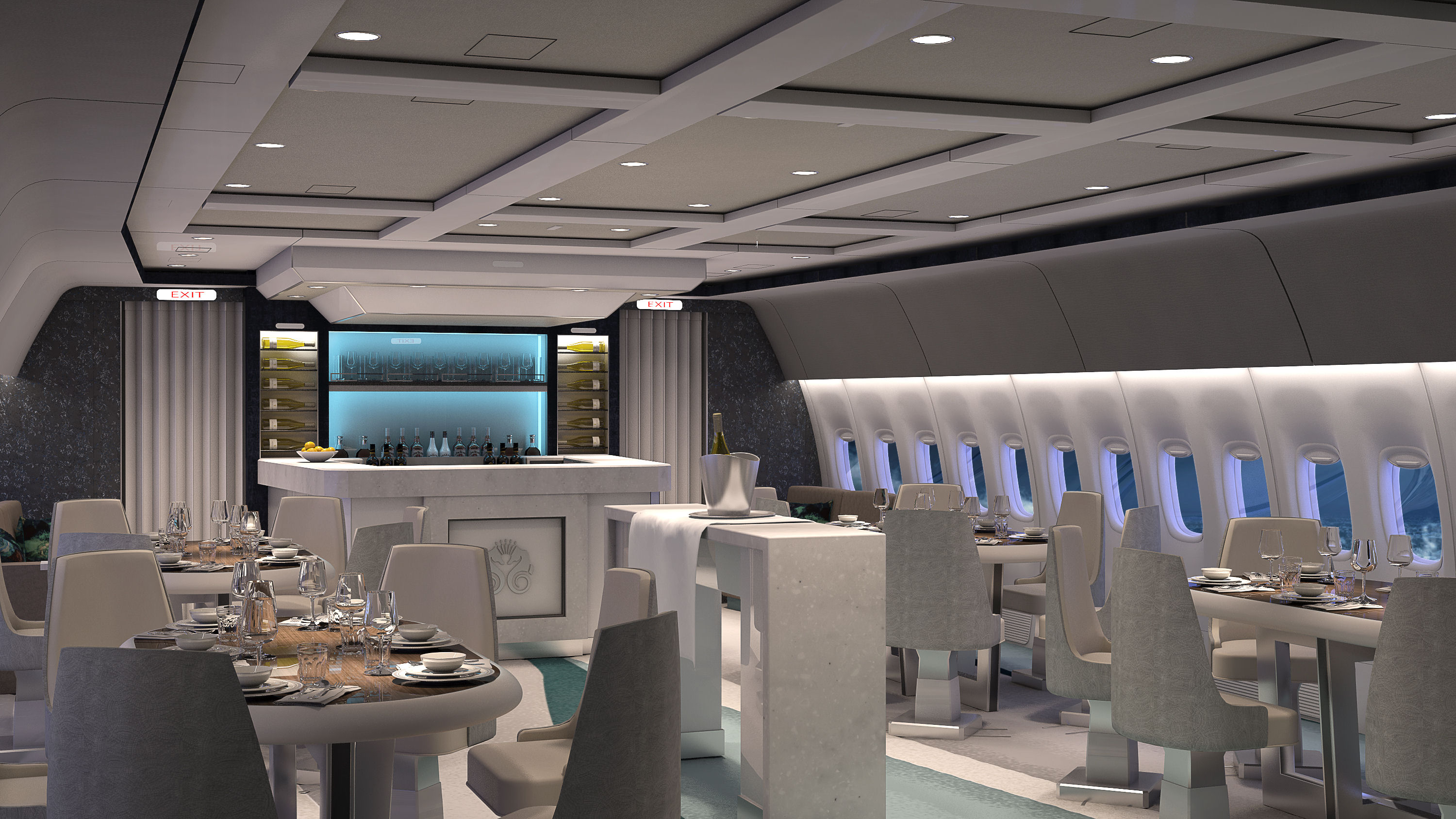 Der Lounge- und Barbereich an Bord der Boeing 777 von Crystal AirCruises Der Lounge- und Barbereich an Bord der Boeing 777 von Crystal AirCruises