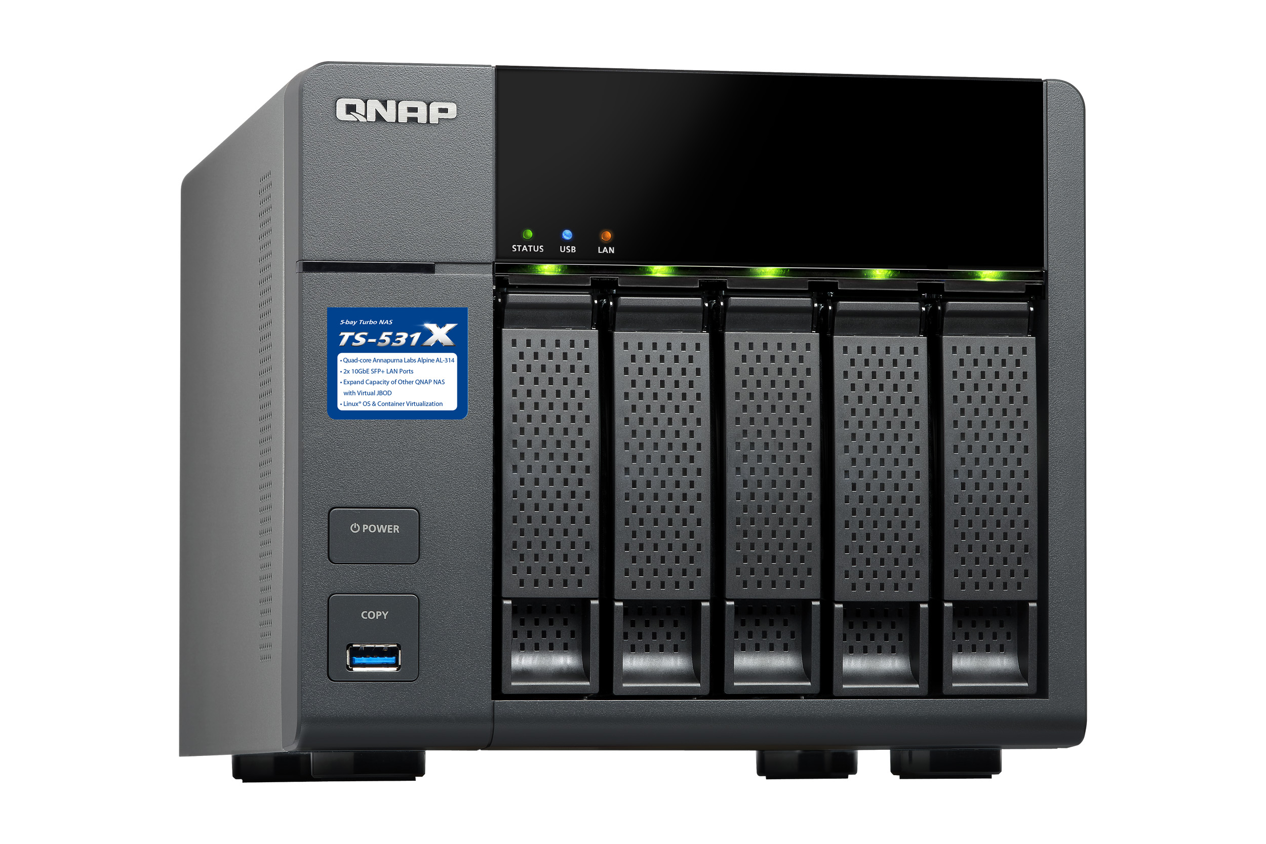 QNAP TS-531X: Quad-Core-NAS mit fünf Bay und zwei integrierten 10-GbE-SFP+-Ports für KMU (Bildquelle QNAP TS-531X: Quad-Core-NAS mit fünf Bay und zwei integrierten 10-GbE-SFP+-Ports für KMU (Bildquelle