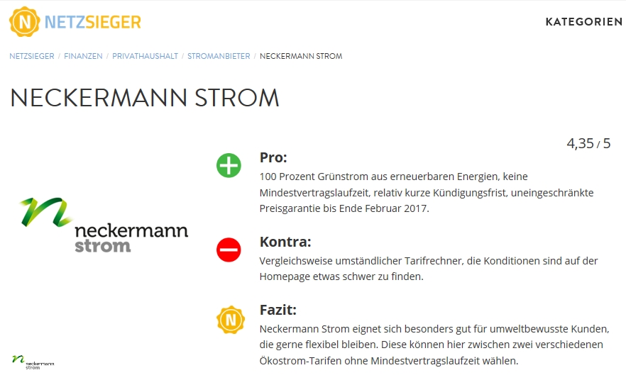 Stromanbieter im Test bei Netzsieger.de: Neckermann Strom belegt zweiten Platz Stromanbieter im Test bei Netzsieger.de: Neckermann Strom belegt zweiten Platz
