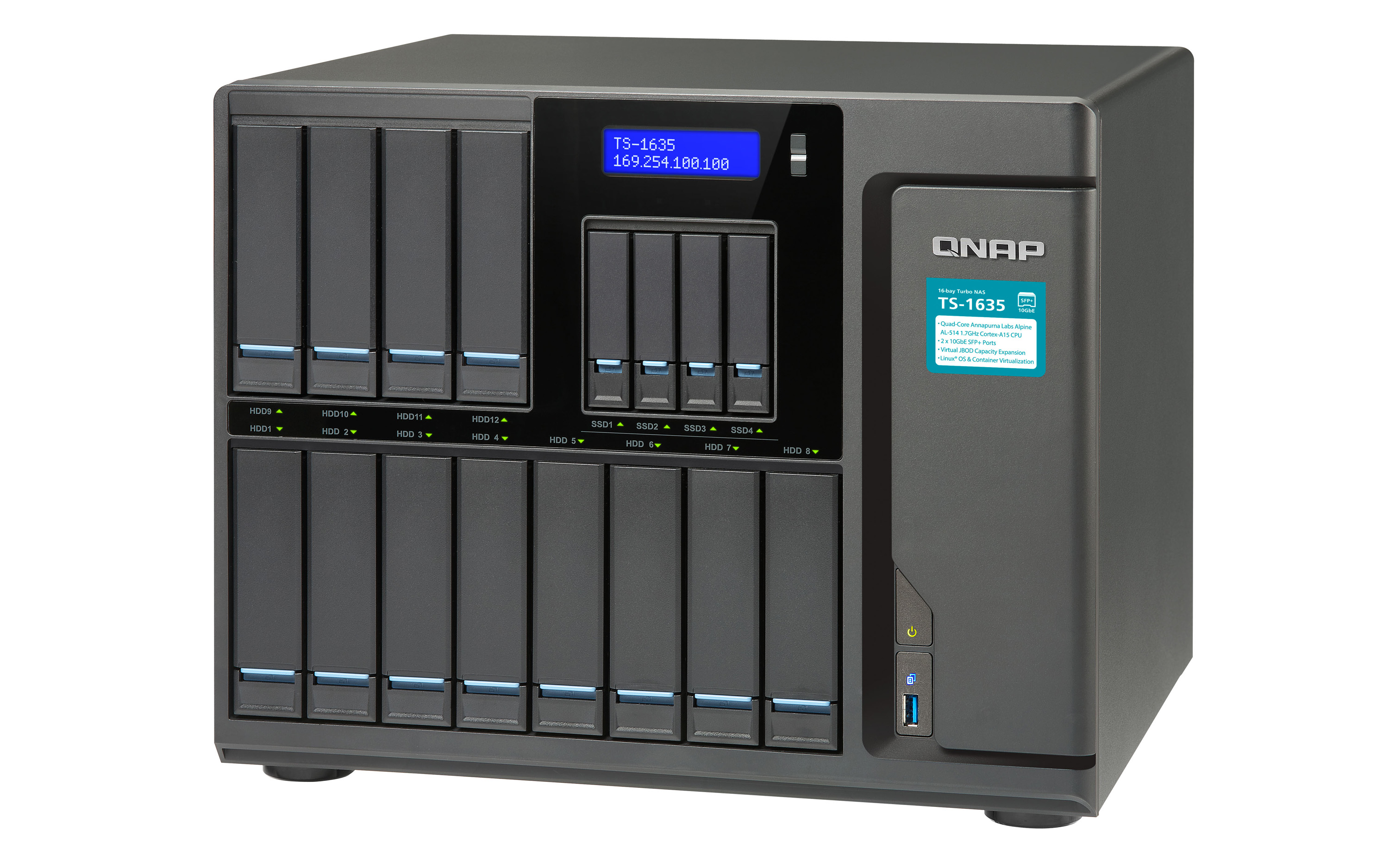 QNAP TS-1635: Quad-Core-basiertes Unternehmens-NAS mit 16 Bay und zwei 10-GbE-SFP+-Ports (Bildquelle QNAP TS-1635: Quad-Core-basiertes Unternehmens-NAS mit 16 Bay und zwei 10-GbE-SFP+-Ports (Bildquelle