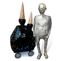 Willi Tomes (links), To Go, Höhe ca. 210 cm  | Susanne Ring, OT, Höhe 53 cm