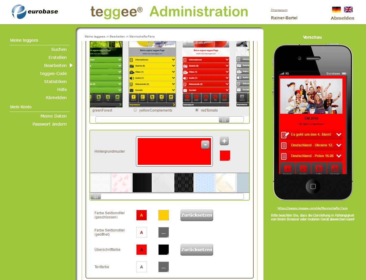 Das teggee-Backend: Hier wird eine mobile Website angelegt, angepasst und bei Bedarf bearbeitet
