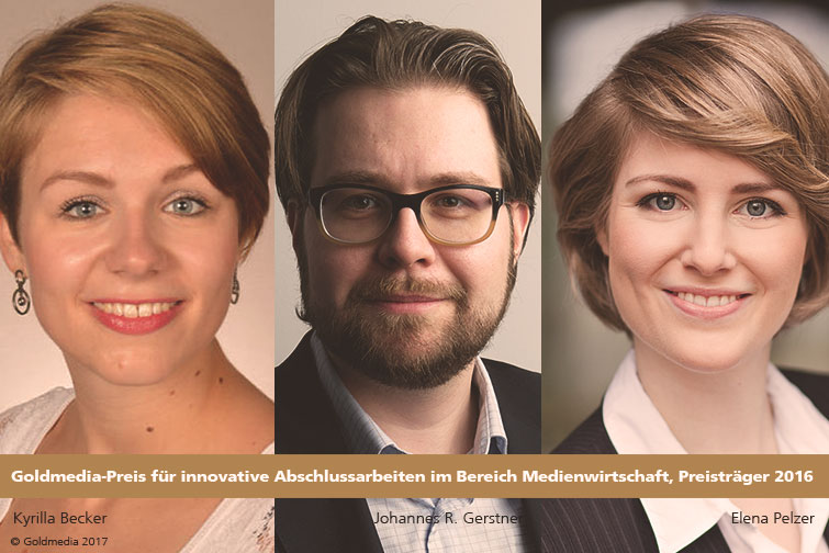 Goldmedia-Preis, Preisträger 2016: Kyrilla Becker, Johannes R. Gerstner, Elena Pelzer (v.l.n.r.) Goldmedia-Preis, Preisträger 2016: Kyrilla Becker, Johannes R. Gerstner, Elena Pelzer (v.l.n.r.)